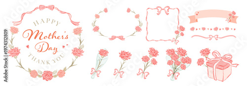 母の日のカーネーションやリボンのナチュラルで淡い水彩フレーム_花束やプレゼント・帯に使えるイラスト
