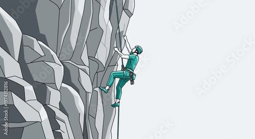 Adventurous Climber Ascending Rugged Rocky Mountain Face