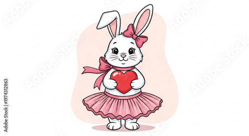 Adorable white rabbit in pink tutu and bow holding red heart on valentine's day