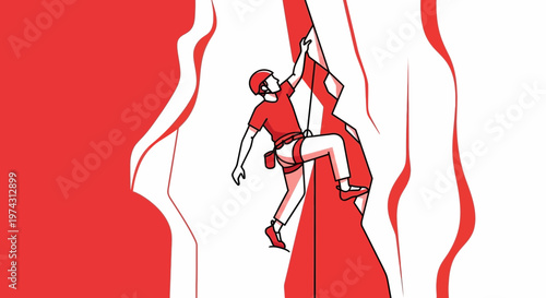 Adventurous Climber Ascending Textured Red Rock Face Minimalist Style