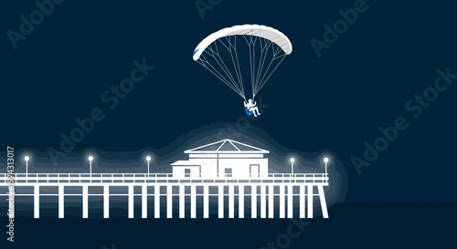 Adventurous Parachutist Descends Near Coastal Pier Silhouette