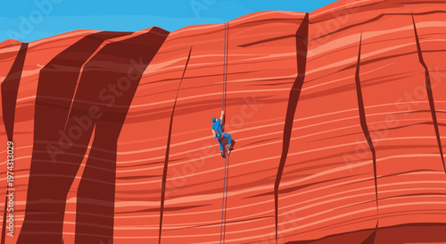 Adventurous Climber Ascends Majestic Red Rock Formation Under Blue Sky