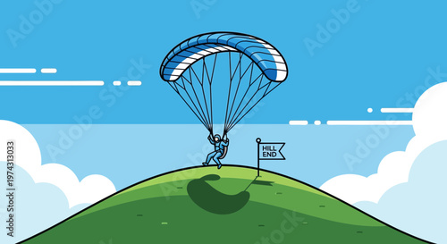 Adventurous Paraglider Descends Towards Hilltop Destination