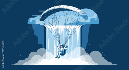 Adventurous Paraglider Descends Through Majestic Waterfall Scene