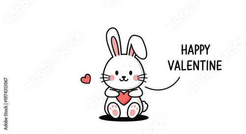 Cute white rabbit holding heart valentine's day greeting with happy expression pink cheeks and whiskers on white background