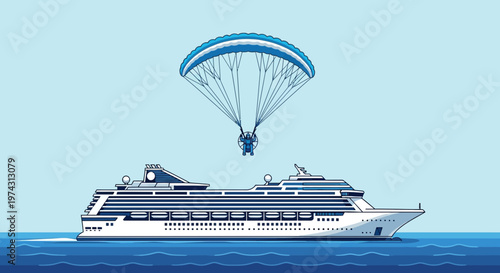 Adventurous Paraglider Soaring Above a Luxury Cruise Ship at Sea