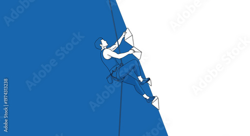 Adventurous Climber Ascends Steep Blue Wall With Focused Determination
