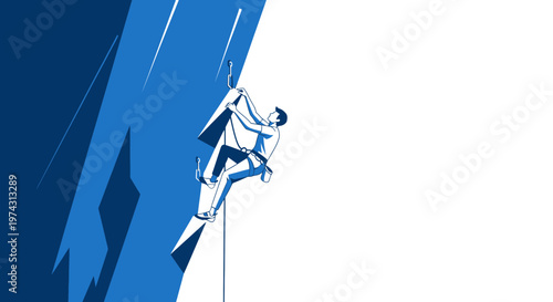 Adventurous Climber Ascends Steep Rocky Facade With Blue Hues