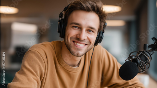 Young male podcaster wearing over-ear headphones and sitting behind a professional microphone in a bright acoustically treated studio, warm LED light, audio content creation, talk show
