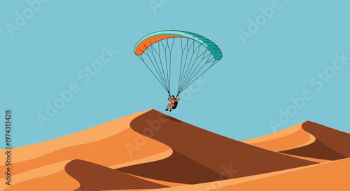 Adventurous Paragliding Over Desert Dunes Under Clear Sky
