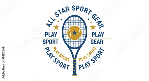 All Star Sport Gear Play Tennis Emblem With Racket And Ball