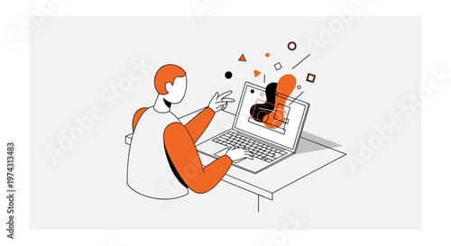 Creative person working on laptop with coding symbols in minimalist orange and white illustration for software development