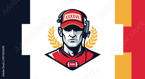 American Football Coach With Headphones And Laurel Wreath Award