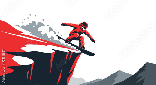 Adventurous Snowboarder Soaring Off Cliff Edge Extreme Sport Action