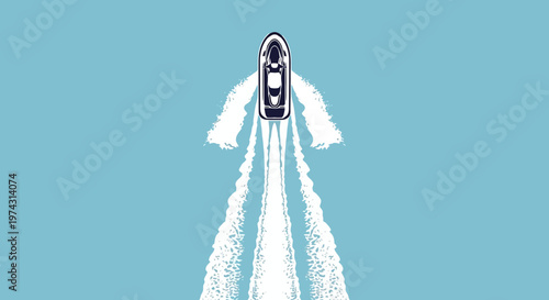 Aerial View Of A Sleek Motorboat Creating White Wake On Calm Blue Water