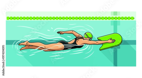 Animated Swimmer Practicing Freestyle With Kickboard in Pool