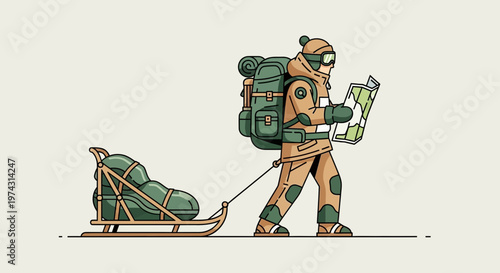 Arctic Expedition Explorer Navigating With Map And Sled