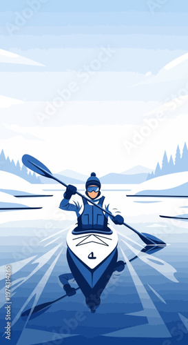 Arctic Kayaker Navigates Icy Waters Amidst Frozen Landscape