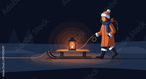 Arctic Traveler Pulls Glowing Lantern Sled Through Winter Twilight
