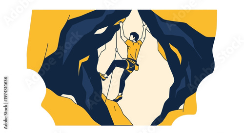 Ascending Peaks Boldly A Climber Grips Rocky Outcroppings