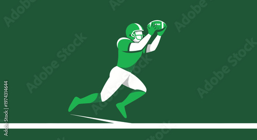 American Football Receiver Leaping To Catch A Pass On A Green Background