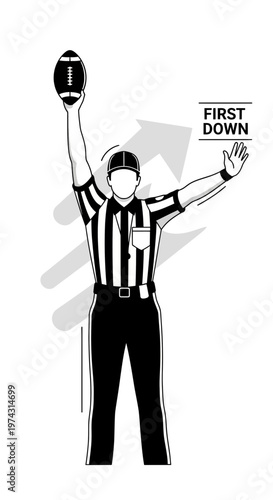 American Football Referee Signaling First Down With Ball Held High