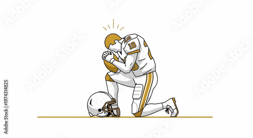 Athlete Kneeling In Prayer Holding Football Beside Helmet