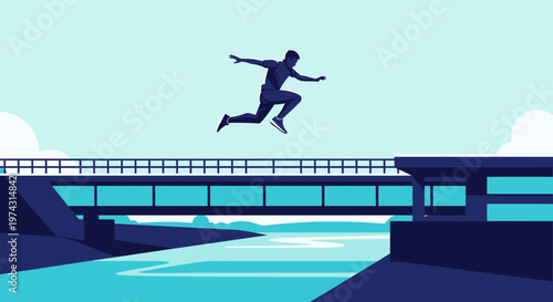 Athlete Leaping Over Bridge Gap Illustrating Bold Endeavors