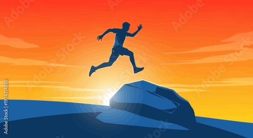 Athlete Leaping Over Rock At Sunset Dynamic Motion Illustration