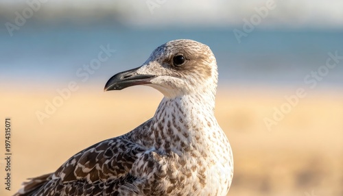 A close-up portrait of a juvenile seagull showcases its intricate plumage and focused gaze against a blurred beach backdrop.
