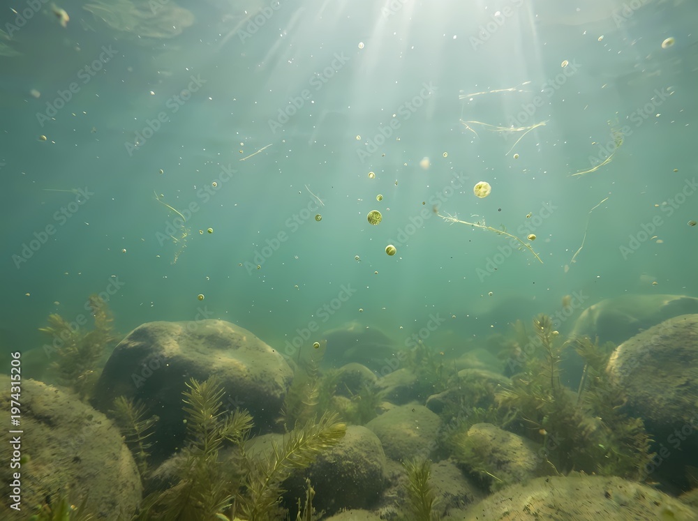 Obraz premium Artistic composite illustration of a clear freshwater ecosystem featuring aquatic plants and microscopic algae cells.
