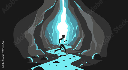 Athlete Running Through Illuminated Cave Toward Hopeful Light