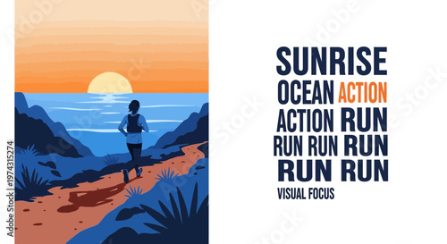 Athlete Running Towards Ocean Sunrise On Coastal Trail Scenic View