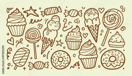 Cute hand drawn doodle set of various ice cream cones cupcakes donuts and lollipops in minimalist vector line art style
