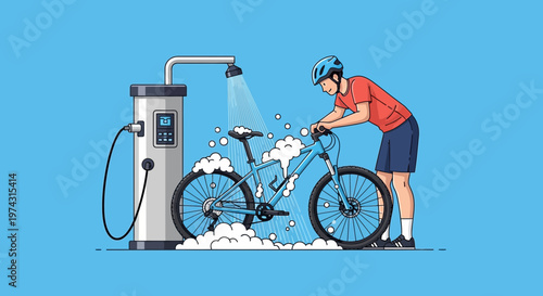 Athlete Cleans Mountain Bicycle At Self-Service Wash Station Sporty Lifestyle Concept