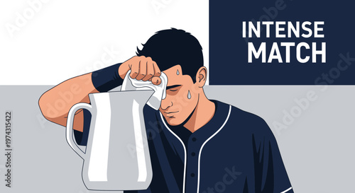 Athlete Wiping Sweat After Intense Game Holding Pitcher of Water