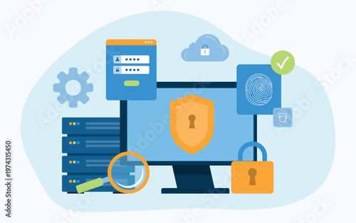flat vector illustration business cyber security design concept. data protection. business technology document management storage backup concept and cloud computing  server service 
