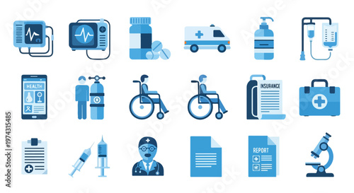 This collection features various blue-toned medical icons, including healthcare equipment, emergency services, and patient care symbols for clinical designs.