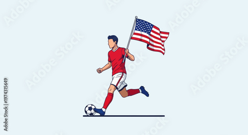 Athletic American Soccer Player Kicking Ball While Holding Flag