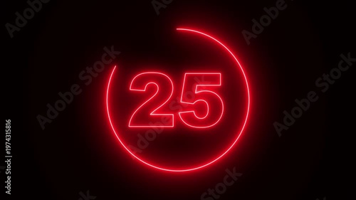 Neon Circle countdown timer animation from 30 to 0 second animation on black background with alpha channel, 30 seconds countdown timer. Neon bright glowing countdown timer from 30 to 0 seconds.
