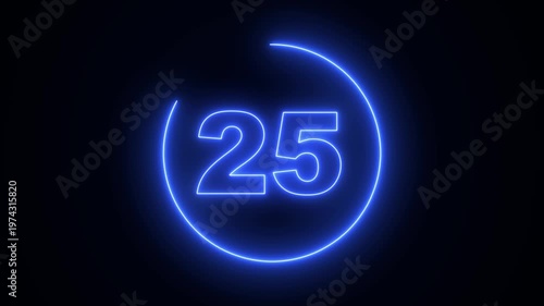 Neon Circle countdown timer animation from 30 to 0 second animation on black background with alpha channel, 30 seconds countdown timer. Neon bright glowing countdown timer from 30 to 0 seconds.