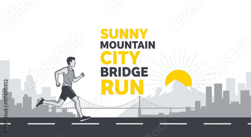 Athletic Cityscape Runner On Bridge With Mountain Sunrise Graphics