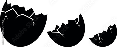 A sequence of cracked eggshells breaking apart in stages from whole to fragmented pieces.