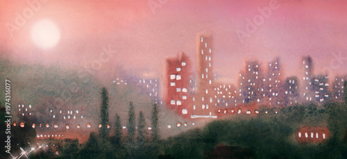Watercolour painting scene. City lights
