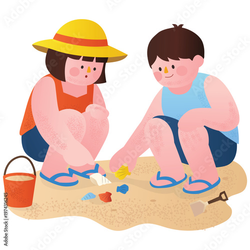 Summer Day Illustration. Vector illustration of Kids collecting shells on sandy beach enjoying playful summer activity. Isolated on background