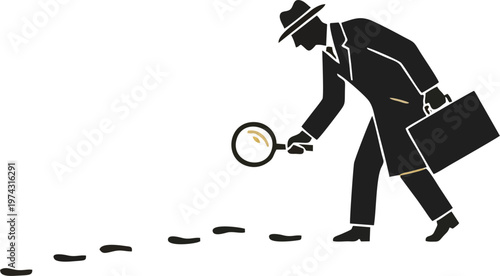 Minimalist Detective Investigating Footprints with Magnifying Glass