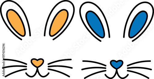 Whimsical cat face with contrasting colored ears and noses
