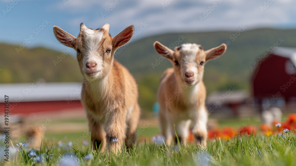 Fototapeta premium Cute baby goats by farm in the spring. Baby pygmy goat on a farm. selective focus. A young goats with bright blue sky and spring flowers