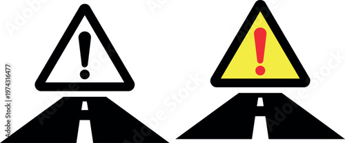 Warning and caution road signs indicating potential pedestrian crossing hazards