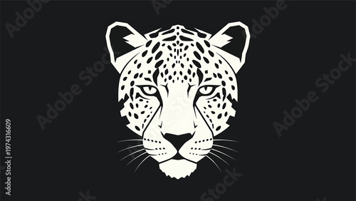 Elegant Black and White Leopard Head Silhouette on Dark Background.